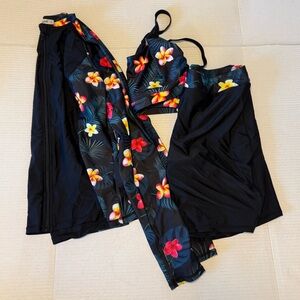 Grace Karin Black Floral Women's swim set beach sun coverup modest shorts jacket